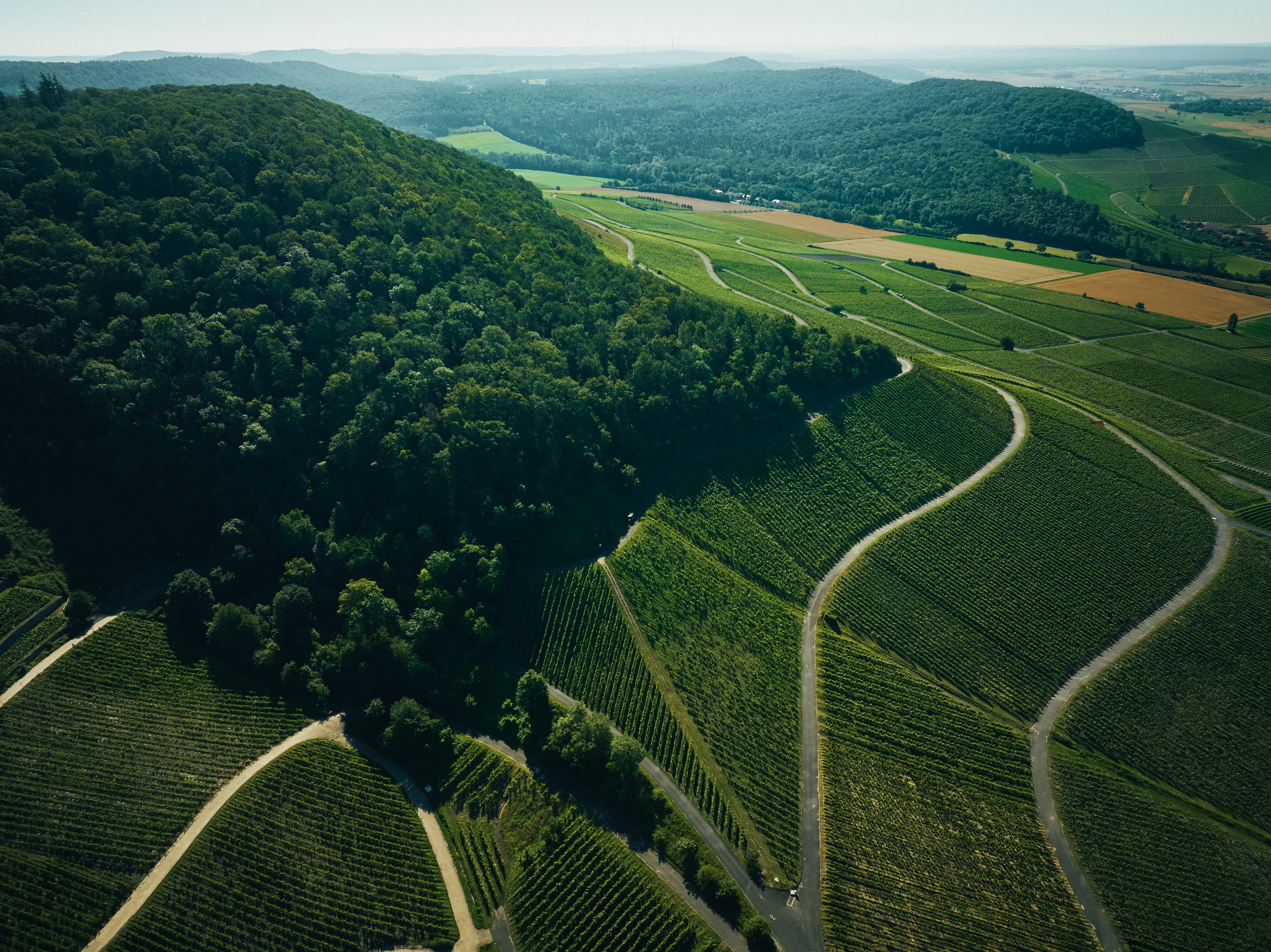 Iphofen mit Weinbergen am Schwanberg aus der Drohnenperspektive